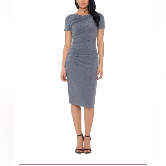 Betsy & Adam Ruched Glitter Knit Short Sleeve Sheath Cocktail Dress Size 8 NWT - Picture 2 of 11